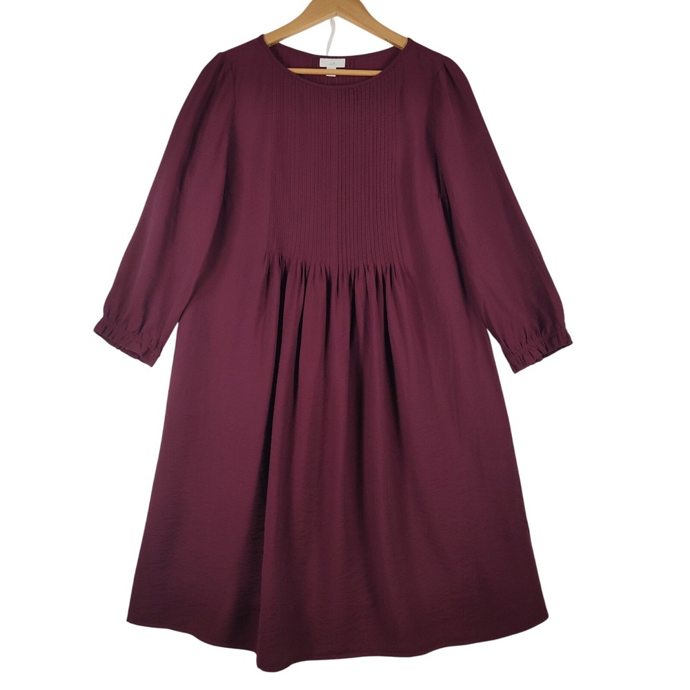 J.Jill Burgundy Pintuck Pleated Long Sleeve Viscose Shift Dress Medium